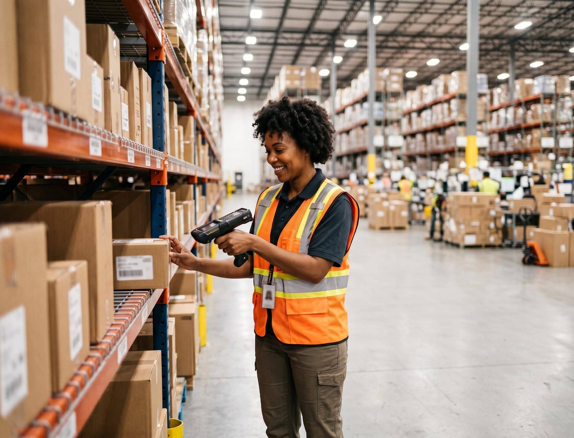 A warehouse associate scanning a package beside tall storage racks