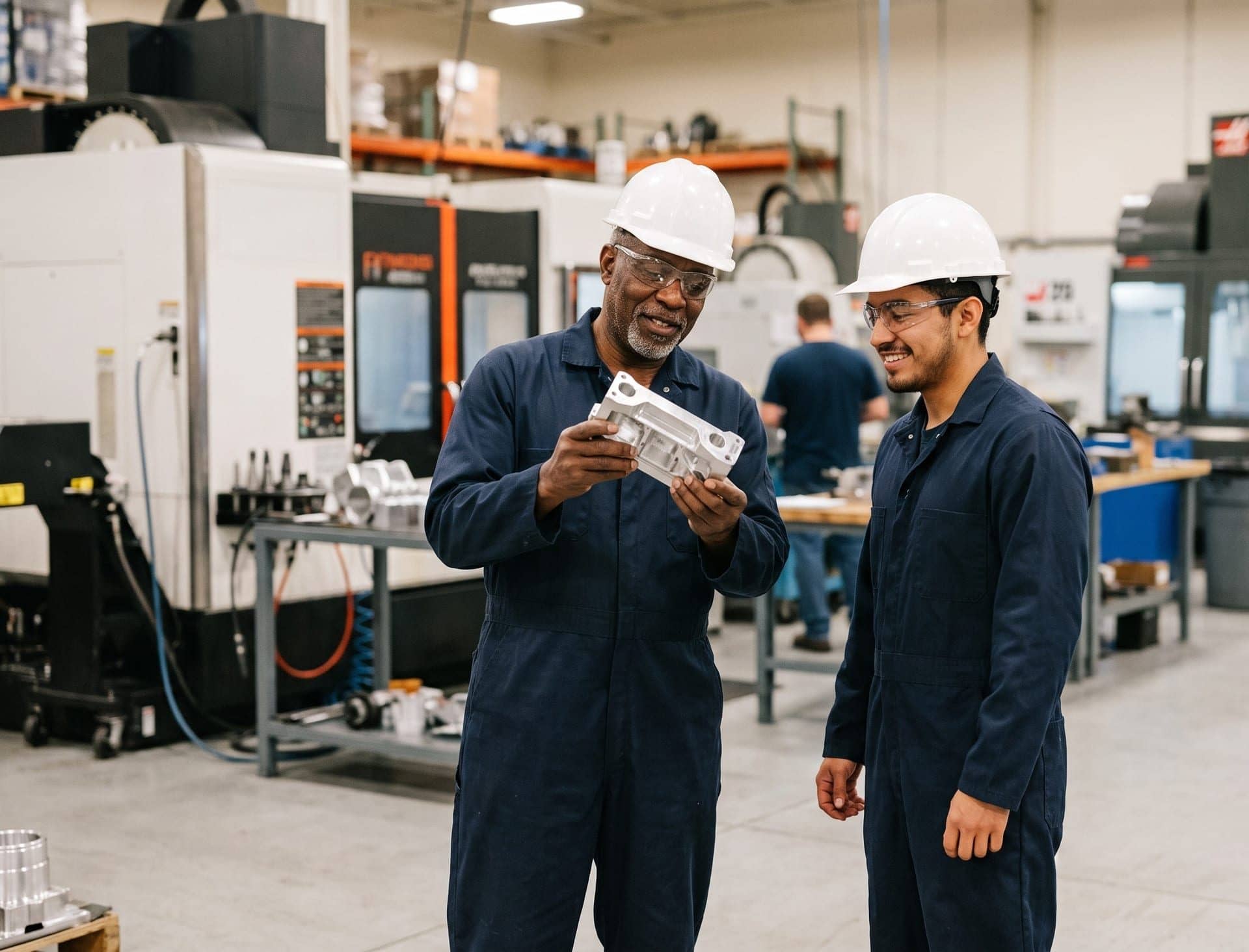 Two manufacturing operators inspecting a finished machined part on the production floor