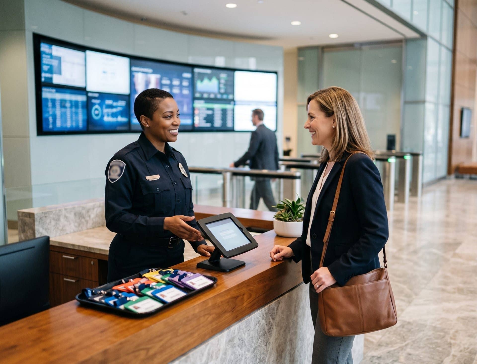 A uniformed security officer greeting a visitor at a building lobby security desk