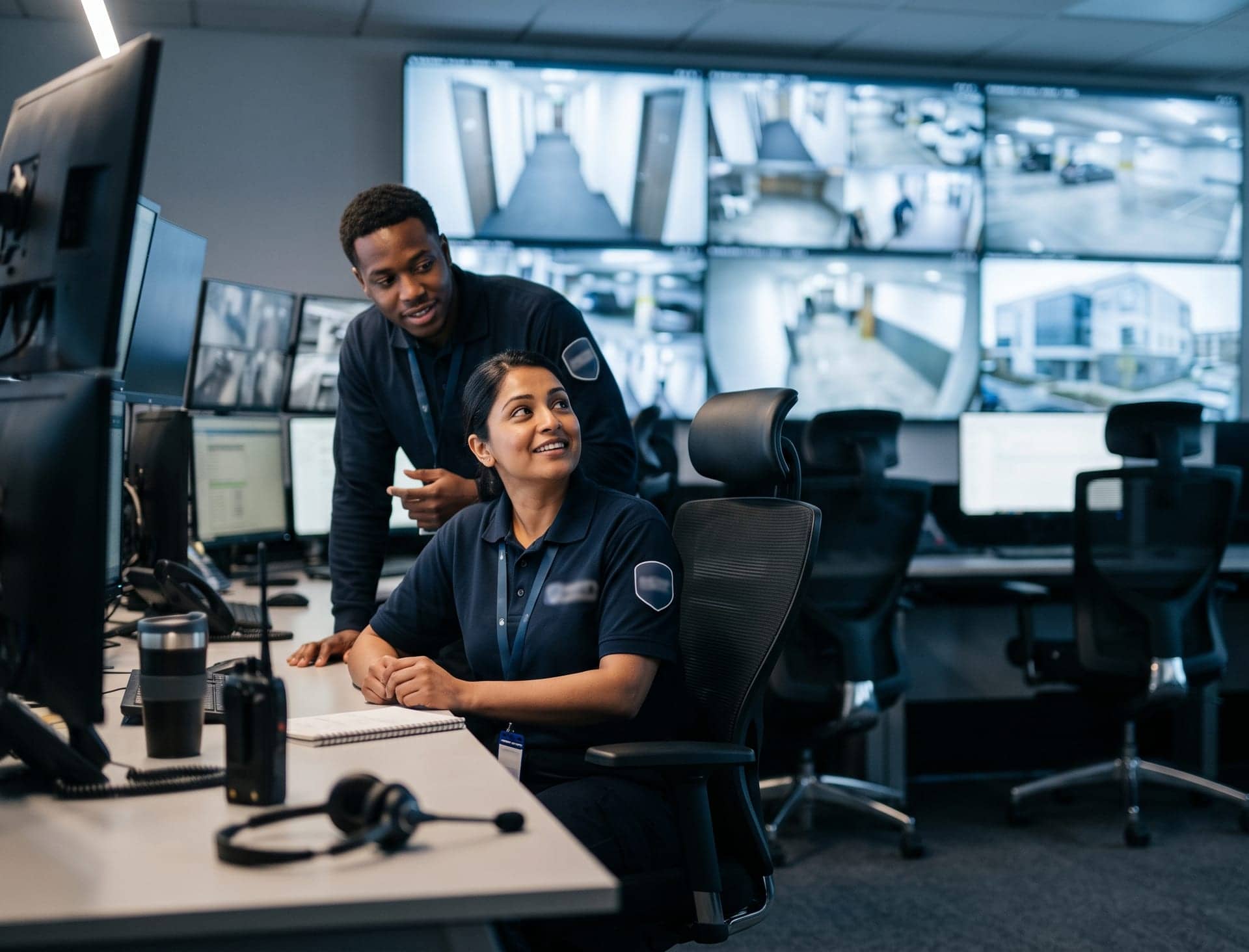A uniformed security officer greeting a visitor at a building lobby security desk
