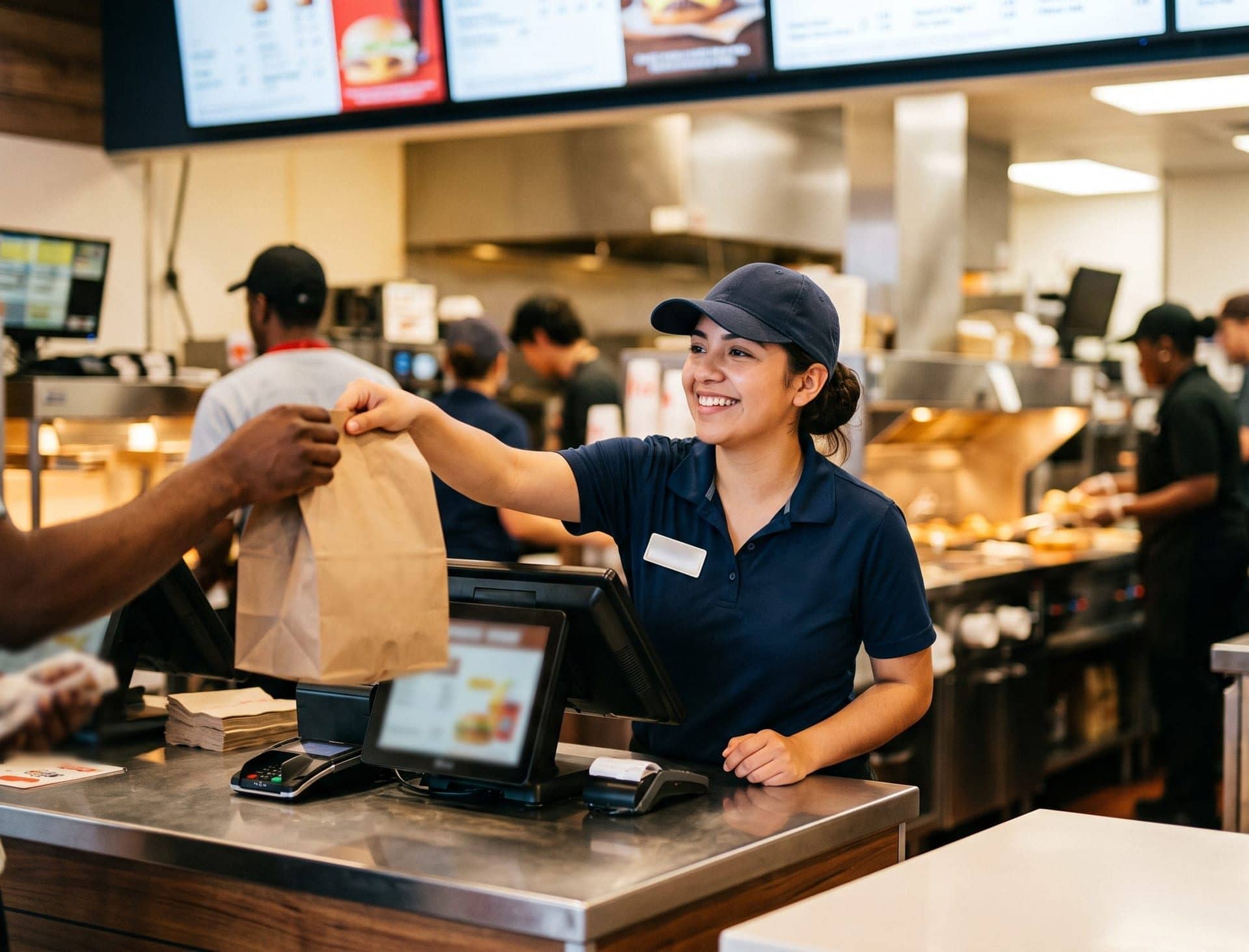 A quick-service crew member handing an order bag over the counter