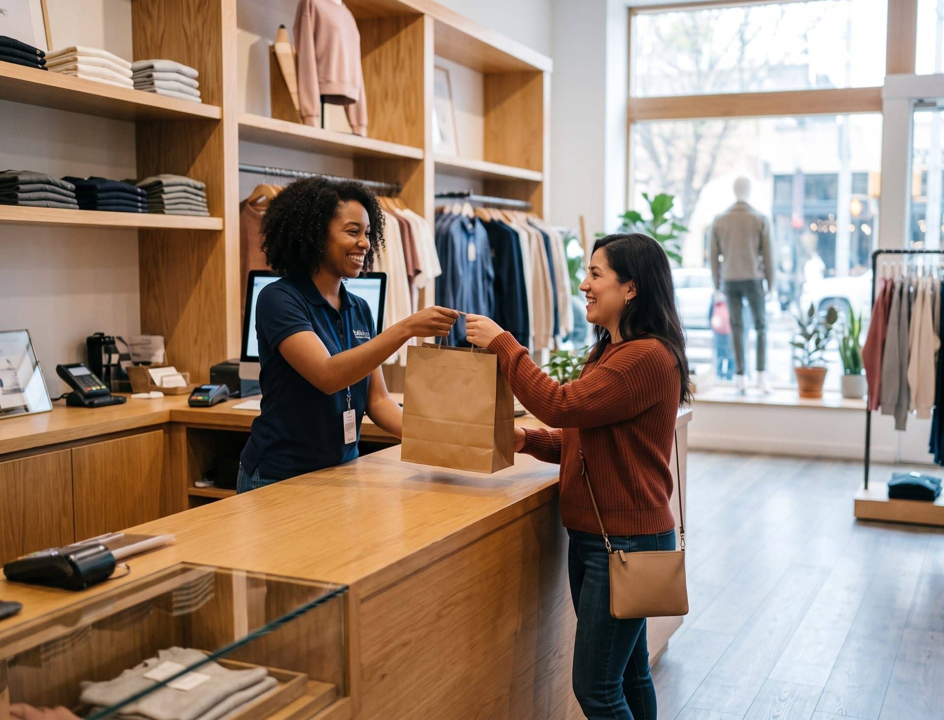 A retail associate handing a shopping bag to a smiling customer