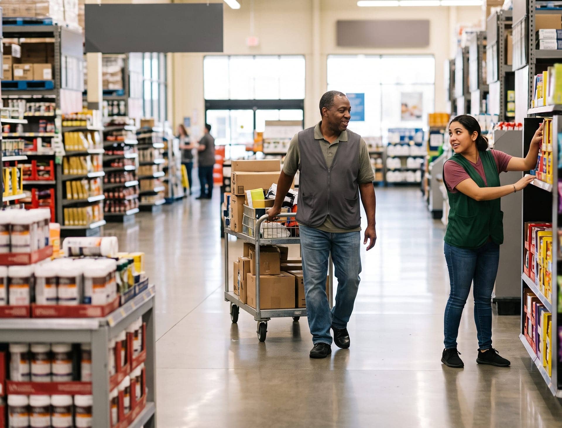 A retail associate handing a shopping bag to a smiling customer