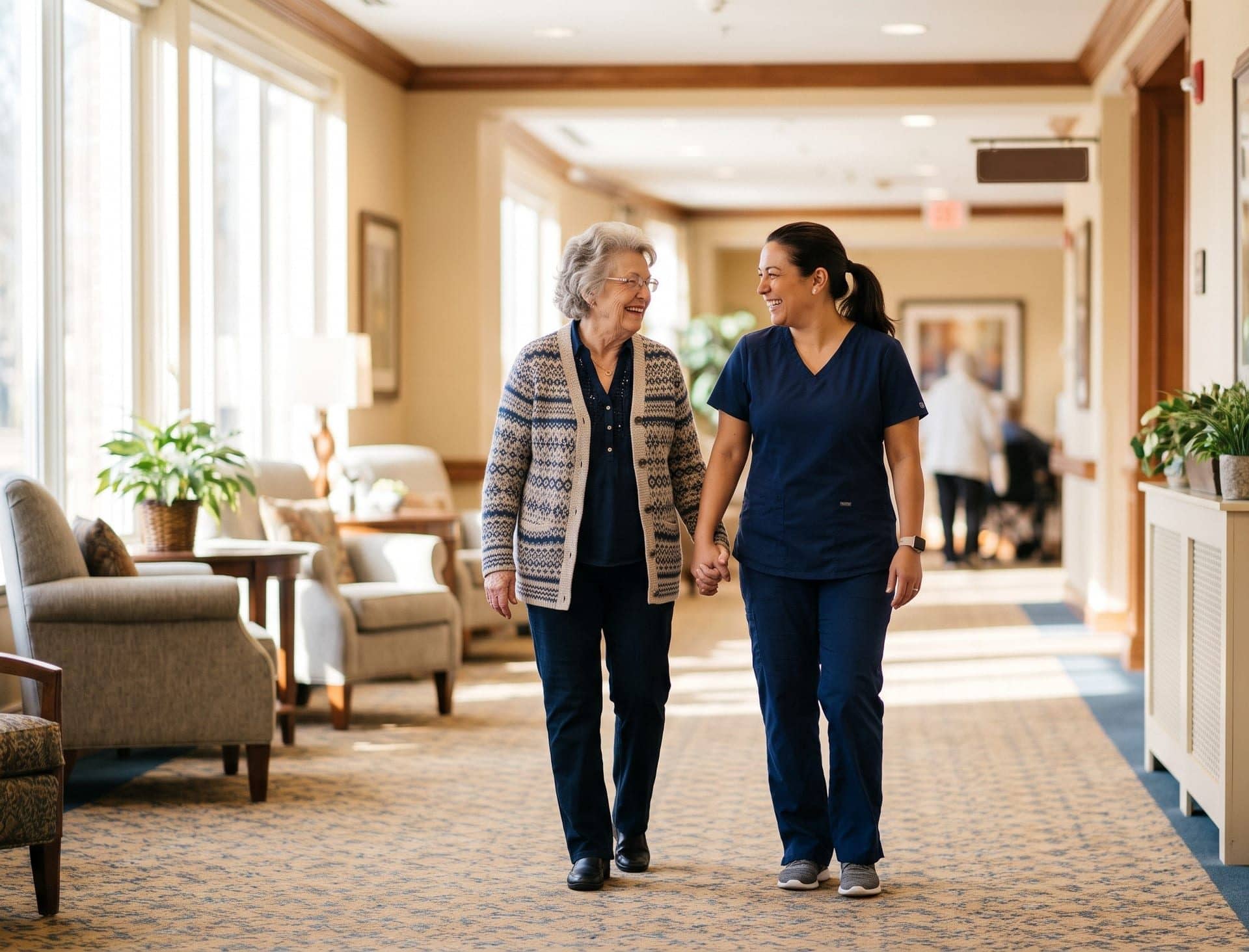 A caregiver supporting a resident in a senior living community