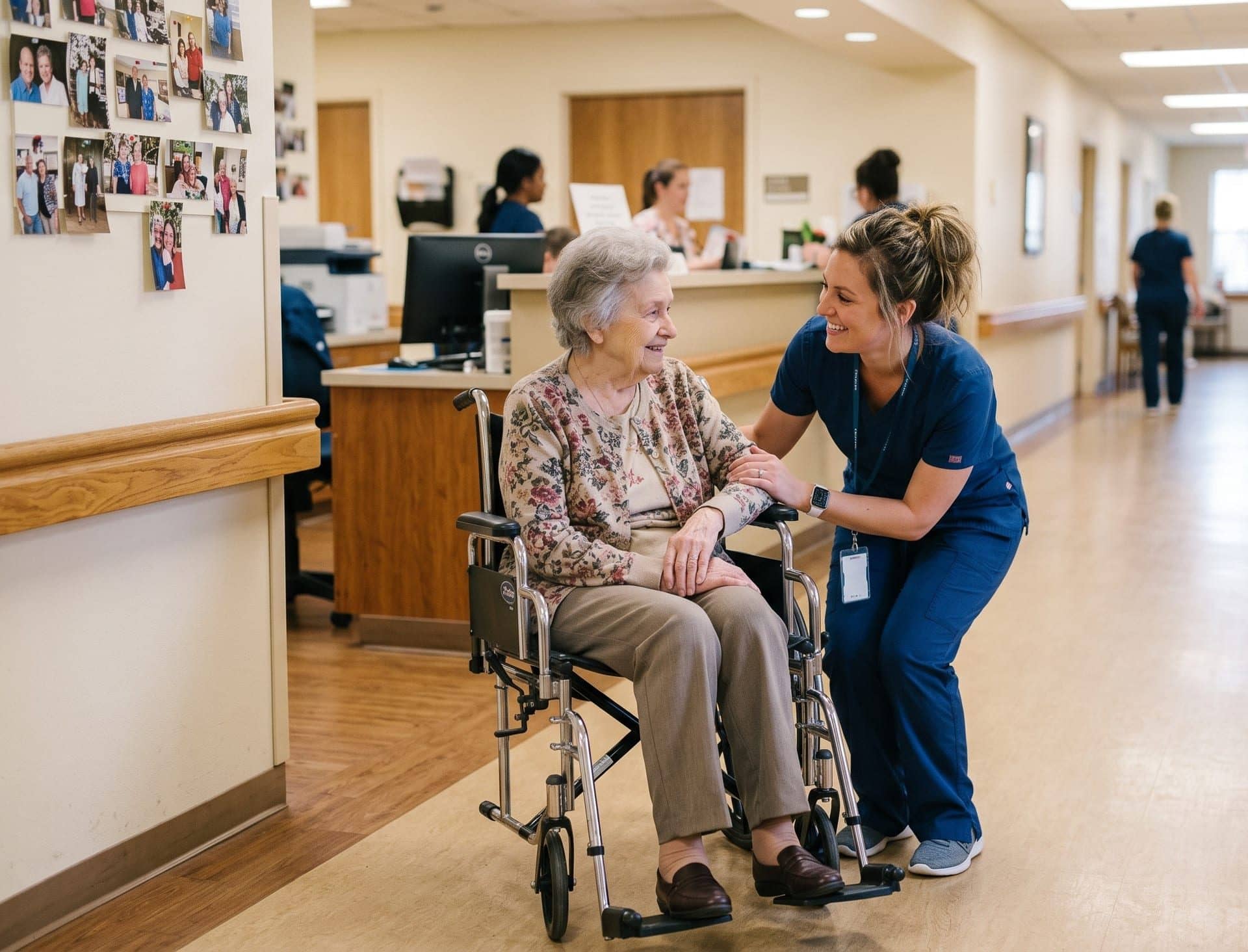 A nurse caring for a resident in a skilled nursing facility