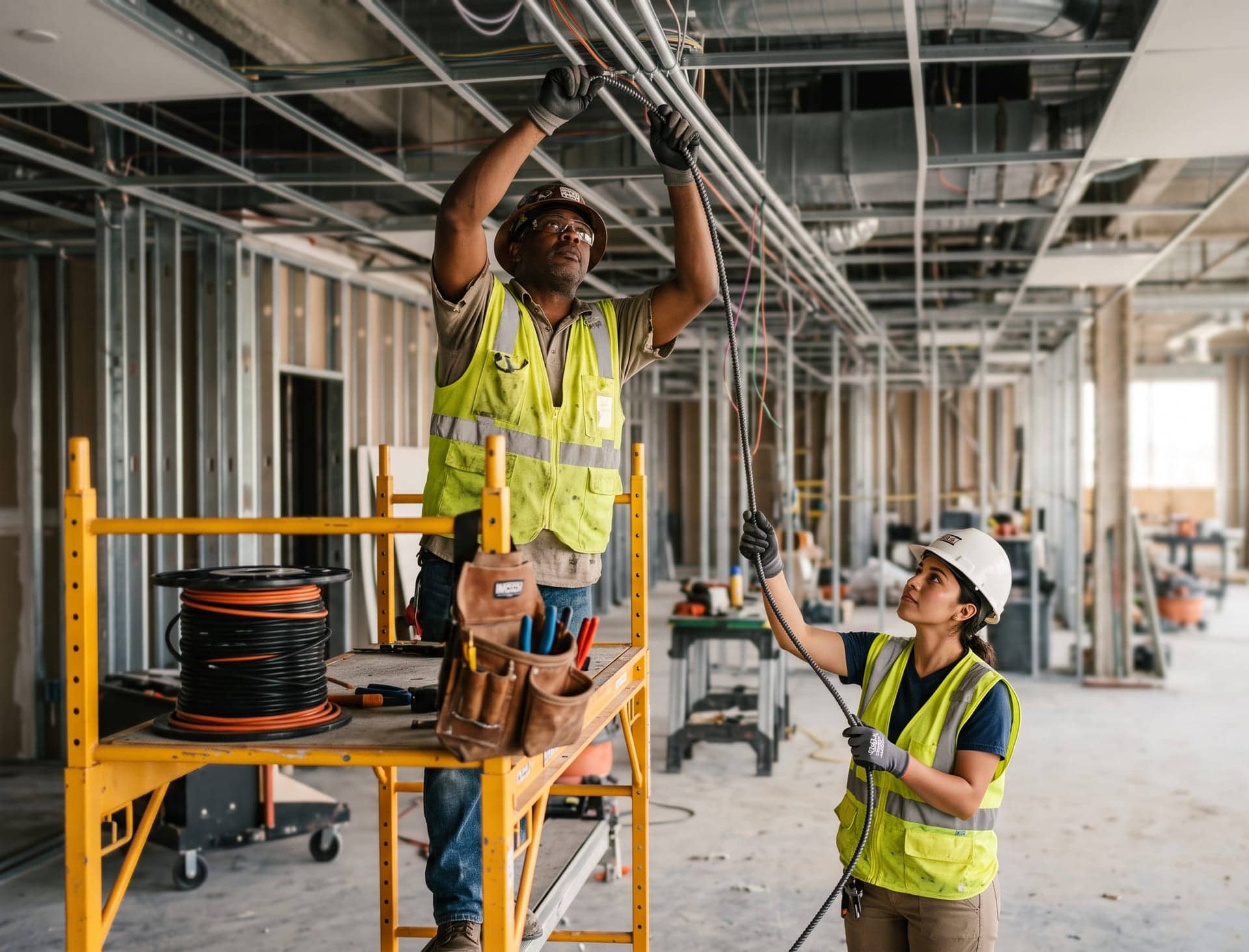 A journeyman electrician wiring a panel on a commercial job site while an apprentice preps conduit nearby