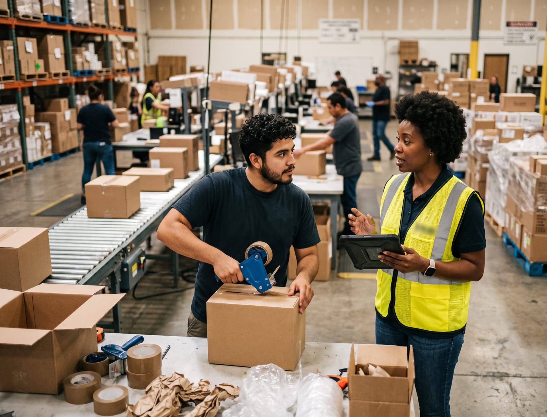 A contract site associate scanning pallets inside a warehouse run on behalf of a client's brand