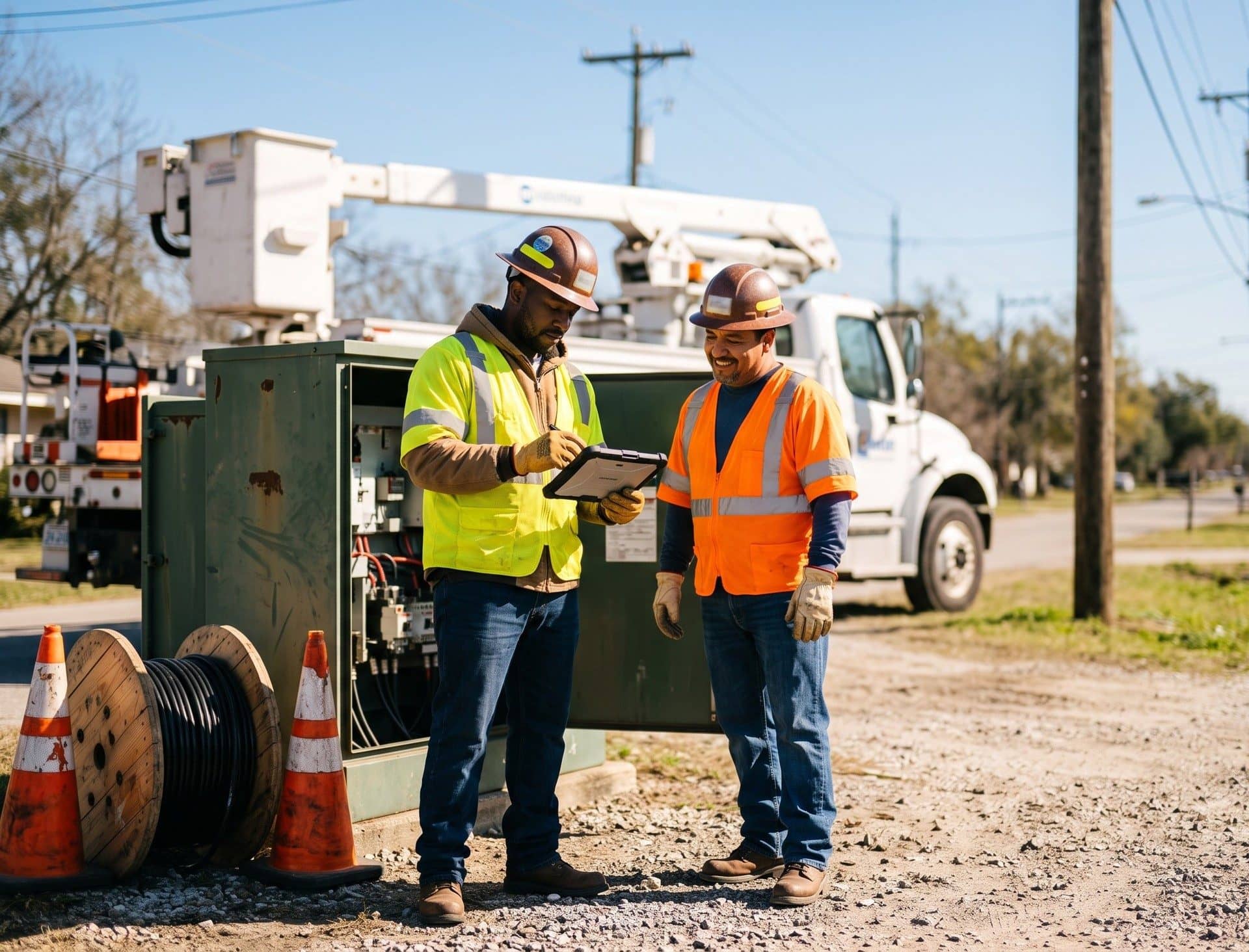 A utility crew closing out work at an electrical cabinet