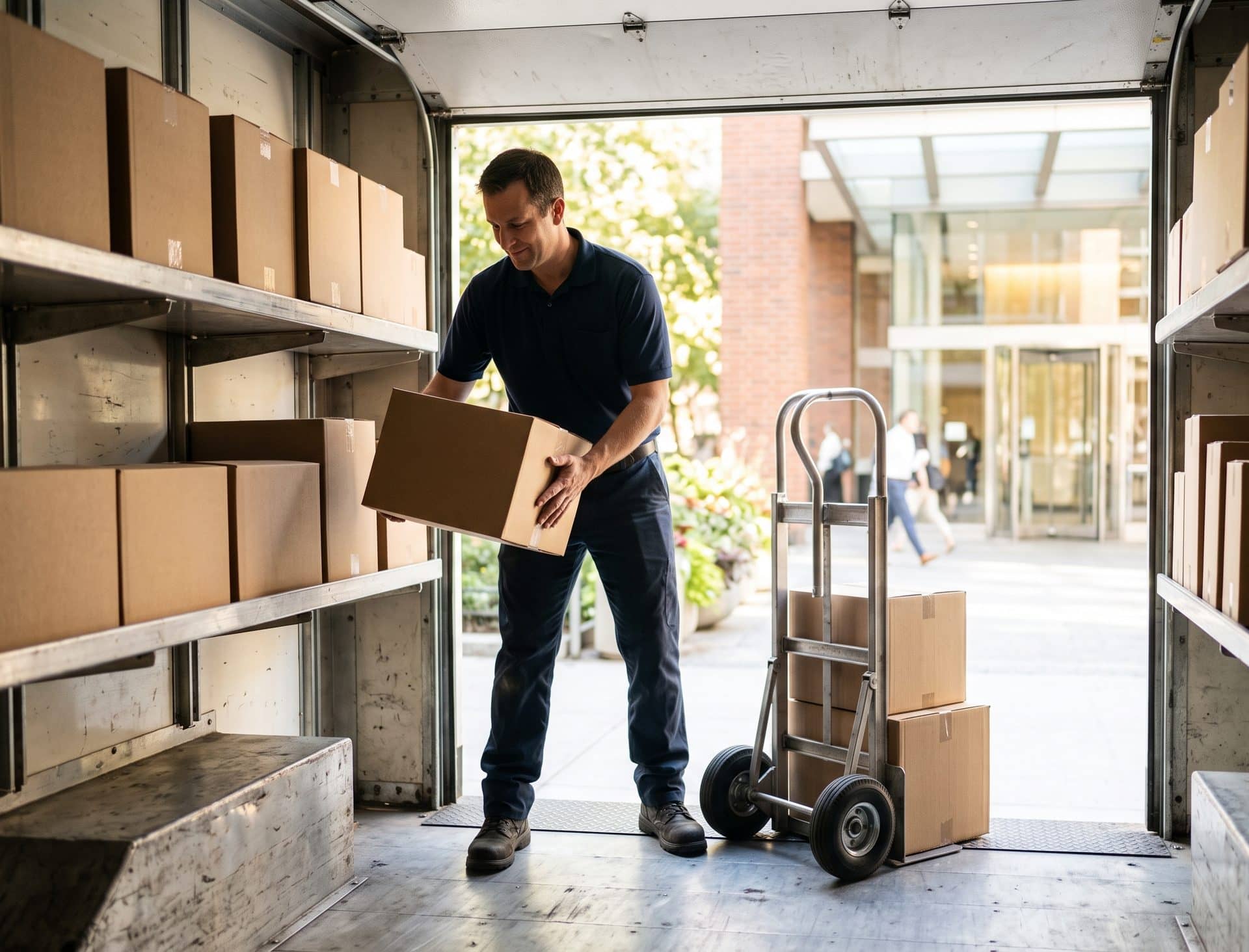 A route driver restocking a workplace vending machine from a case of product