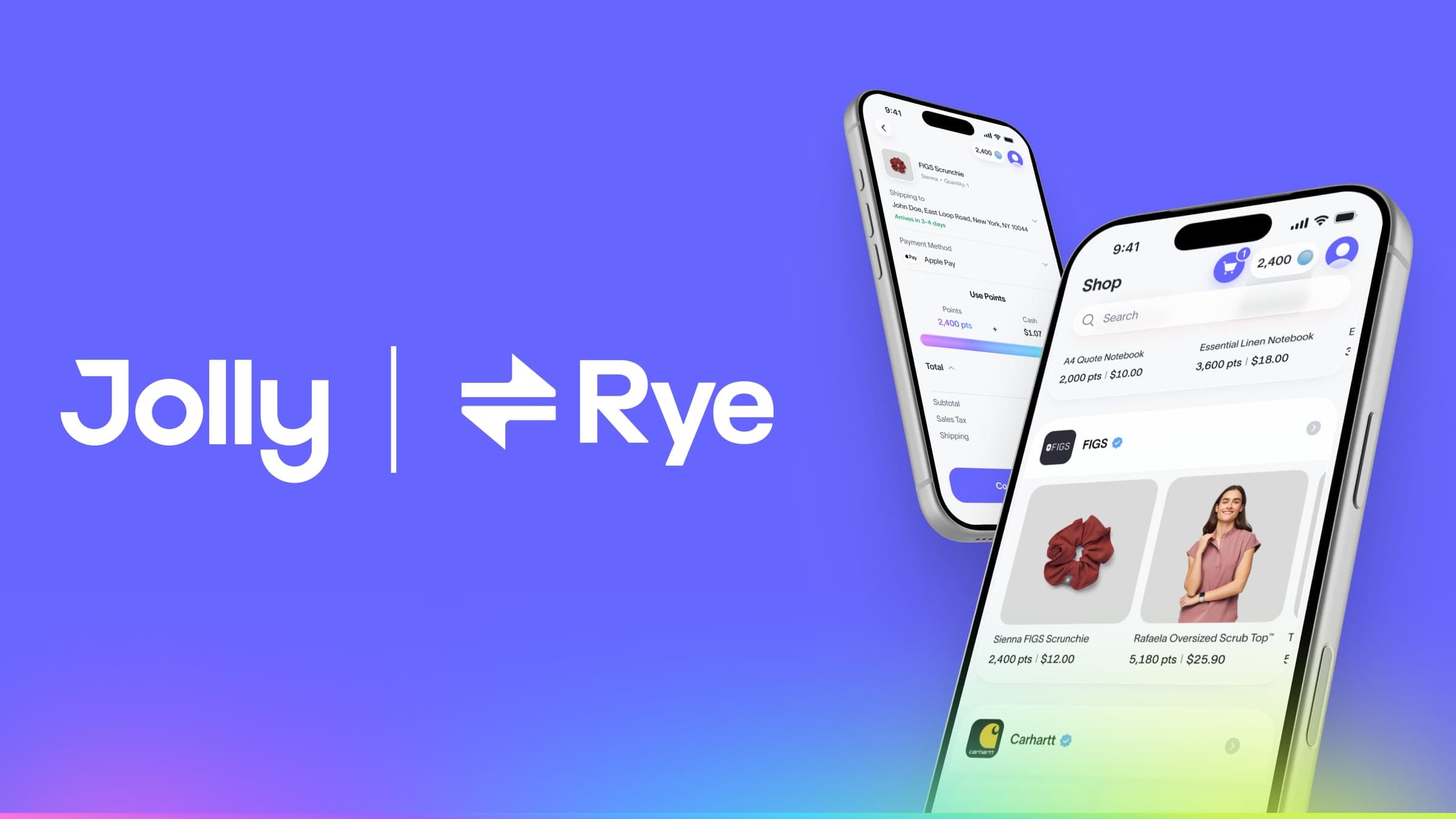 The Jolly and Rye wordmarks side by side, beside two phones showing the Jolly shop and a points-and-cash checkout